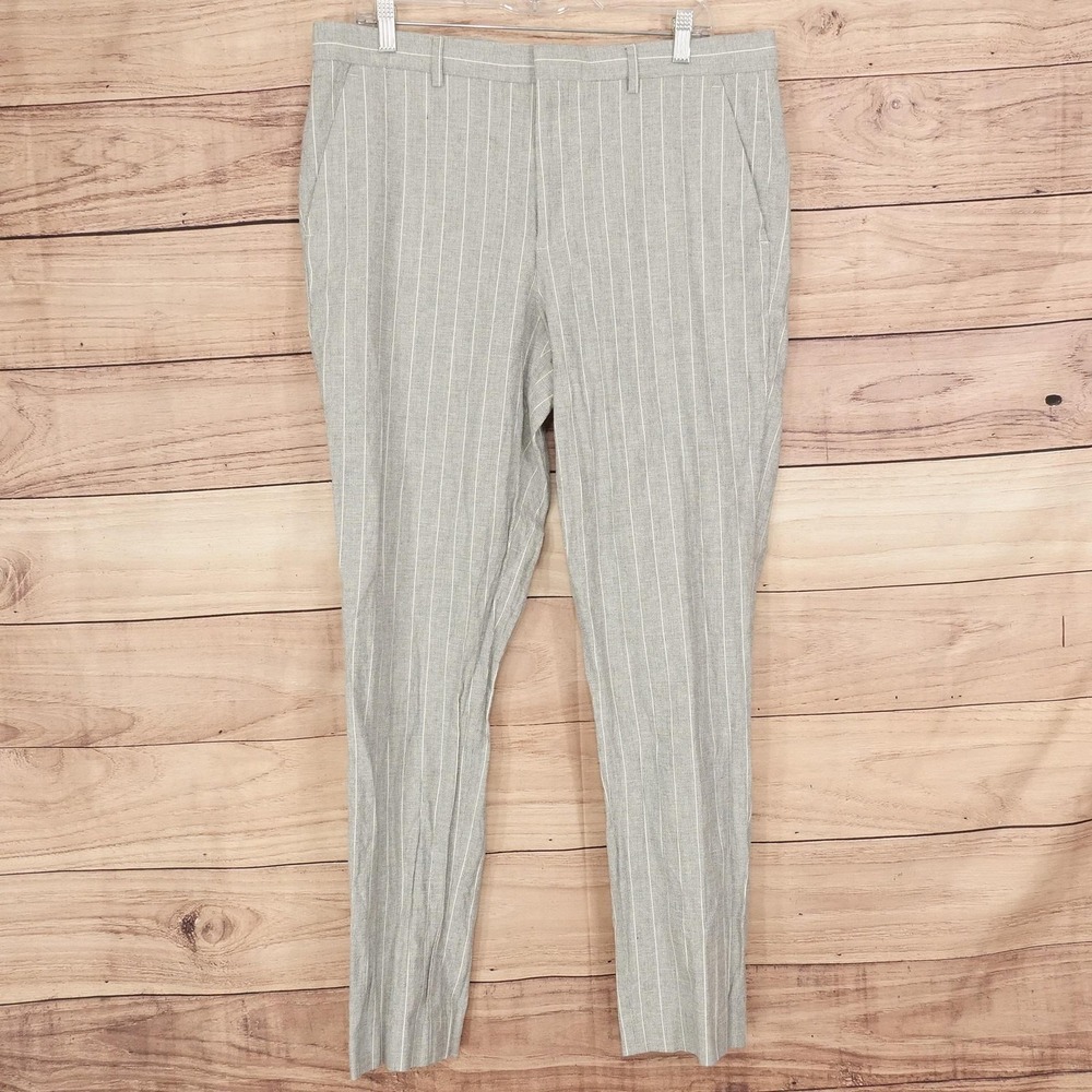 Express Dress Pants Mens 36x30 (34x34) Gray Stripe Extra Slim Fit Linen Blend